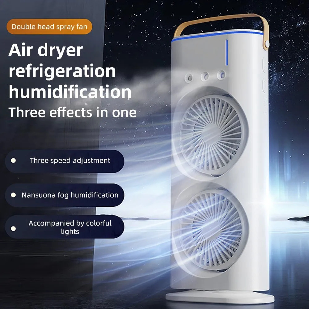 Rechargeable Remote Control Double Head Spray Cooling Fan – Adjustable Speeds with Control Mist Humidifier 180° Cooling Comfort - Image 2