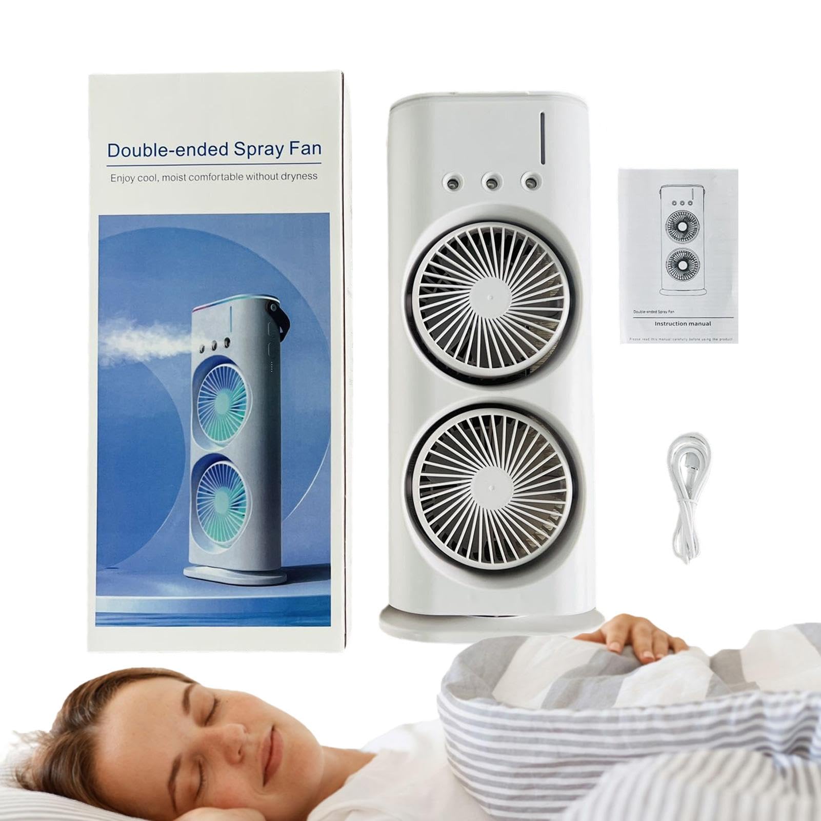 Rechargeable Remote Control Double Head Spray Cooling Fan – Adjustable Speeds with Control Mist Humidifier 180° Cooling Comfort