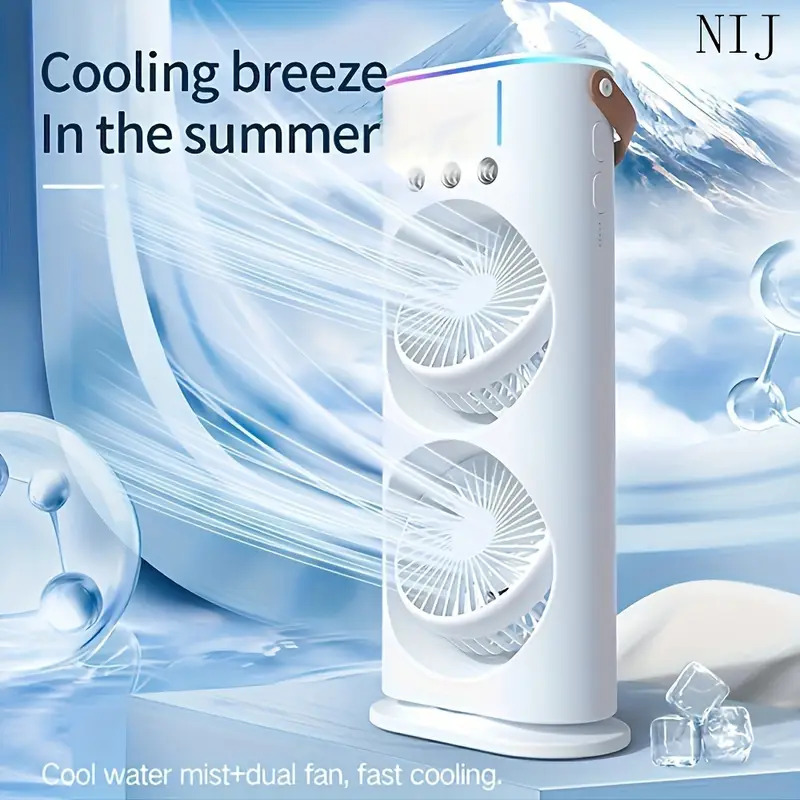 Rechargeable Remote Control Double Head Spray Cooling Fan – Adjustable Speeds with Control Mist Humidifier 180° Cooling Comfort - Image 3
