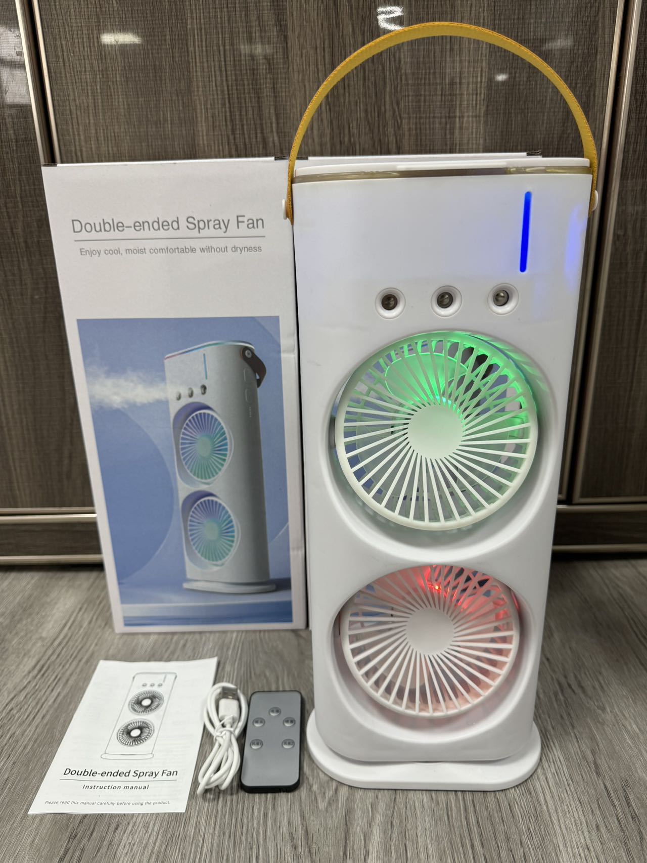 Rechargeable Remote Control Double Head Spray Cooling Fan – Adjustable Speeds with Control Mist Humidifier 180° Cooling Comfort - Image 5