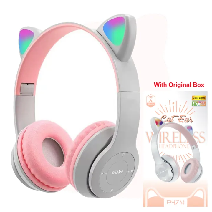 P47M Wireless Headphone Flash Light Cute Cat Ear with Mic Control LED Stereo Music Helmet Phone Bluetooth Headset with Box - Image 2