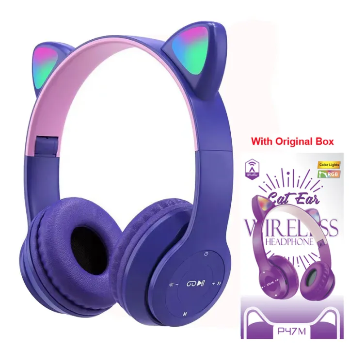 P47M Wireless Headphone Flash Light Cute Cat Ear with Mic Control LED Stereo Music Helmet Phone Bluetooth Headset with Box - Image 3
