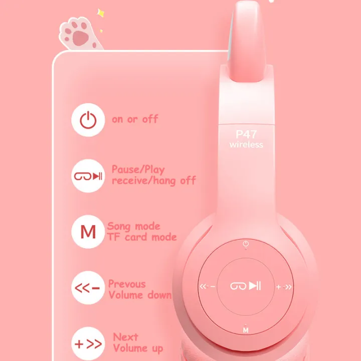 P47M Wireless Headphone Flash Light Cute Cat Ear with Mic Control LED Stereo Music Helmet Phone Bluetooth Headset with Box - Image 4